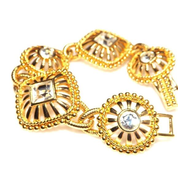 Vintage Gold Medallion Bracelet, Clear Rhinestones, Fold Over Clasp, 6 3/4 Inch - Picture 2 of 8